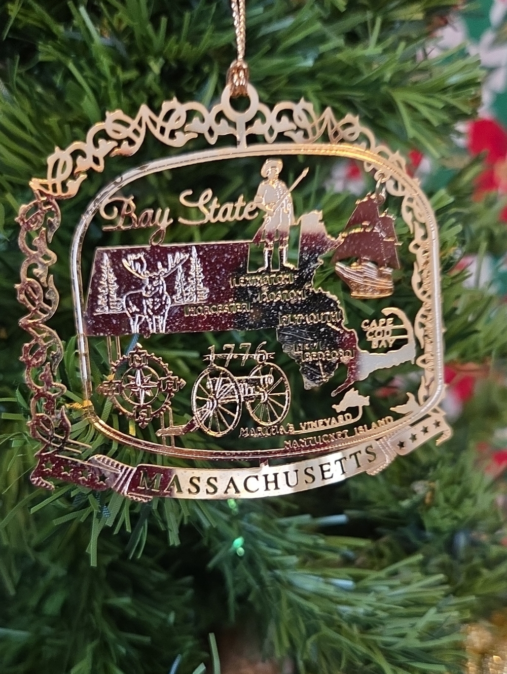 Nation's Treasures Massachusetts Gold Finish  Brasd State Ornament